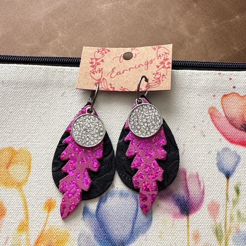 Chic Pink and Black Leaf Earrings